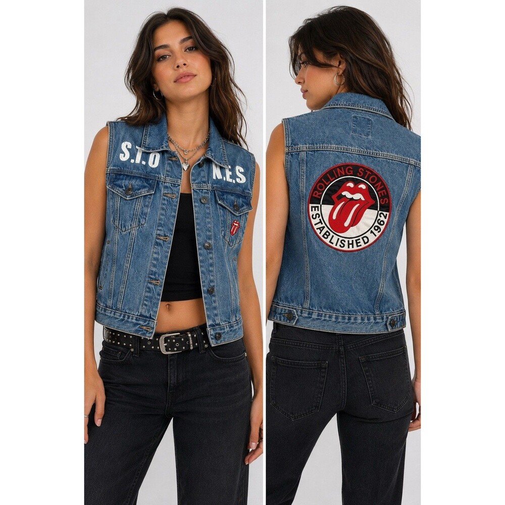 Rolling Stones Denim Vest Women Medium Blue Jean Jacket Sleeveless Graphic Logo